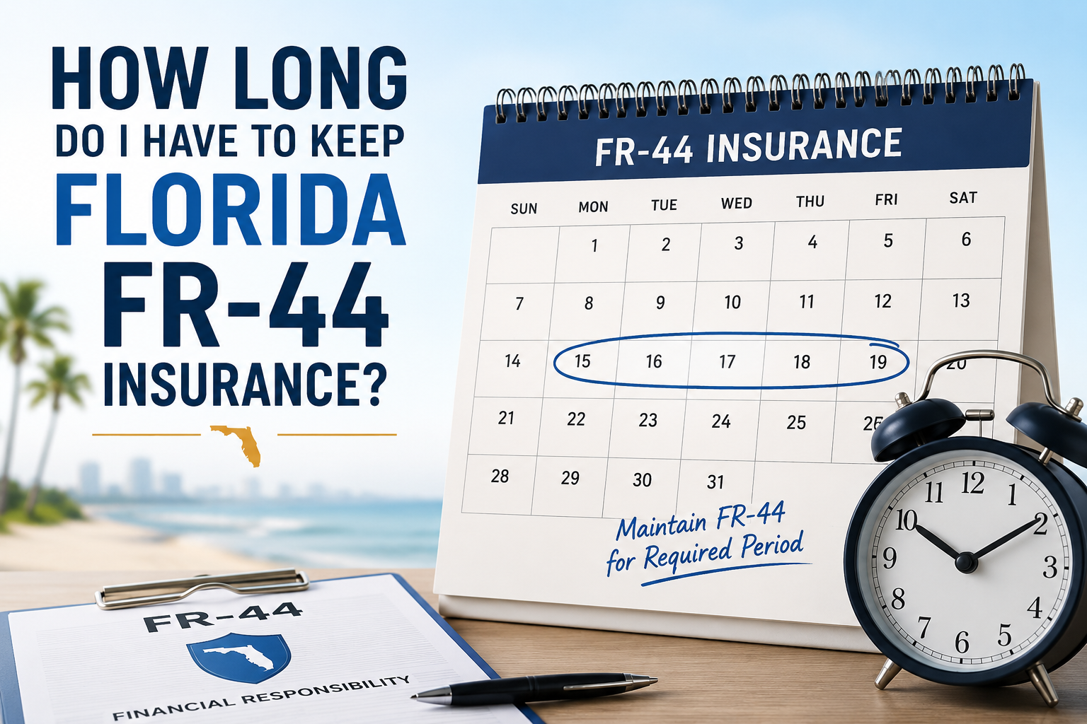 Calendar and clock representing the three-year Florida FR-44 insurance compliance timeline
