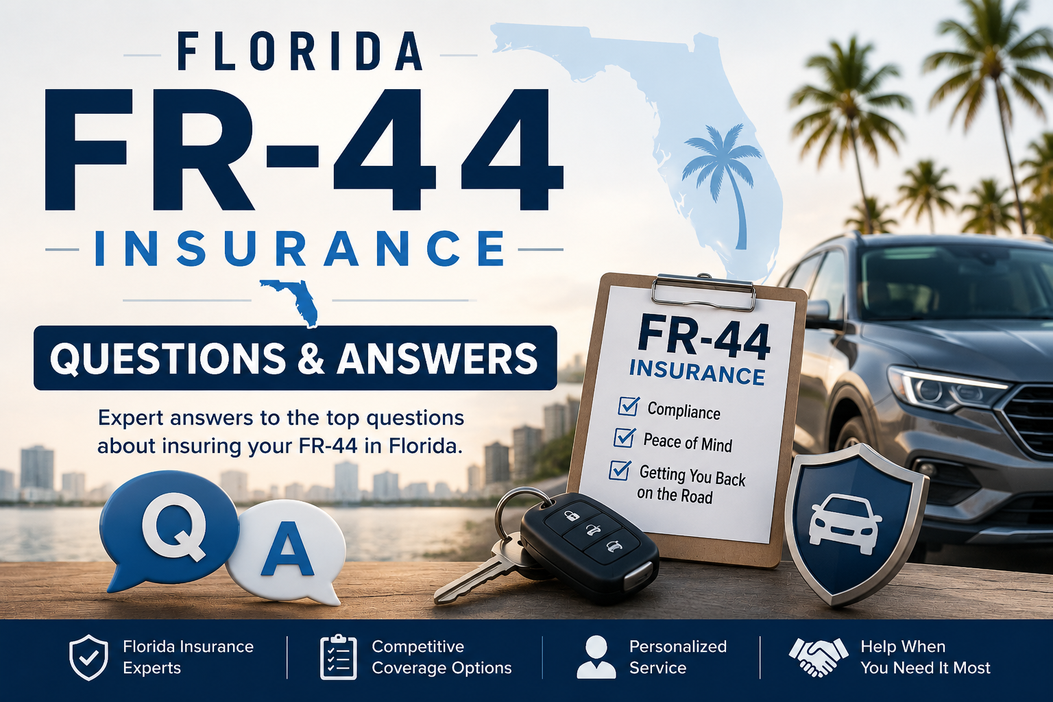 Florida FR-44 insurance questions and answers with car, keys, and FR-44 insurance checklist
