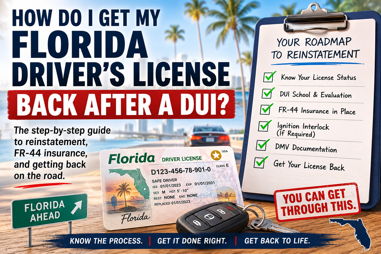 How to get a Florida driver’s license back after a DUI, including FR-44 insurance, DUI school, ignition interlock, DMV documents, and license reinstatement.